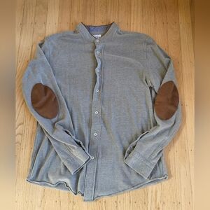 Zara Mandrin Collar Green/Gray Button Down Shirt With Brown Elbow Patches Size L